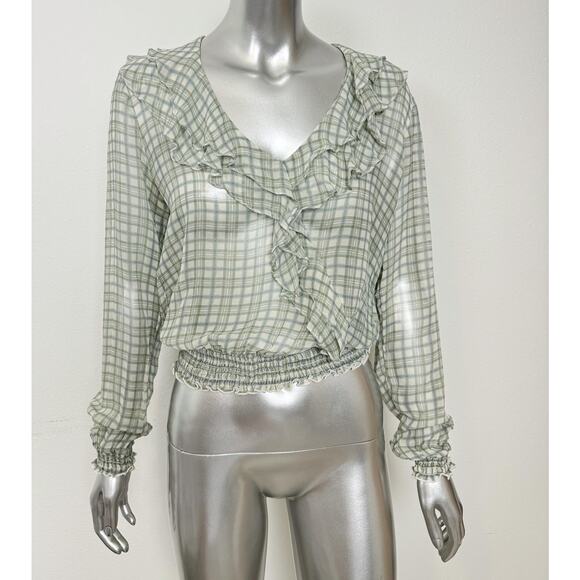 Worth Blouse Womens Small Green Plaid 100% Silk Sheer Ruffle V-Neck Jabot - Picture 1 of 11